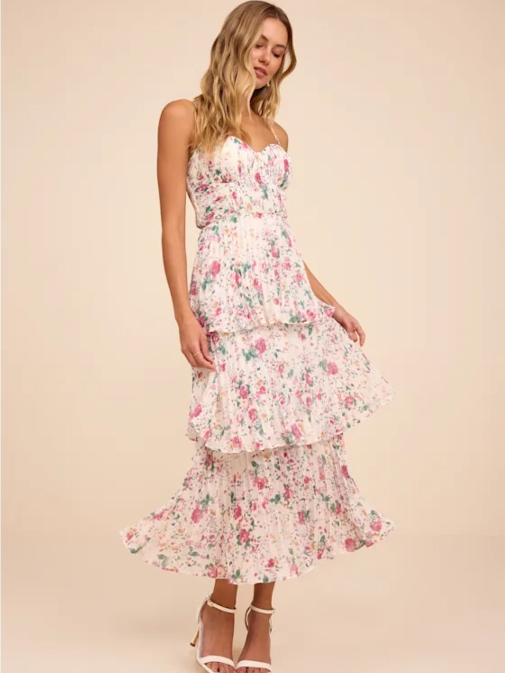 Lulus‎ Cascading Crush NWT size S Ivory Floral Print Tiered Bustier Midi Dress - Picture 11 of 11
